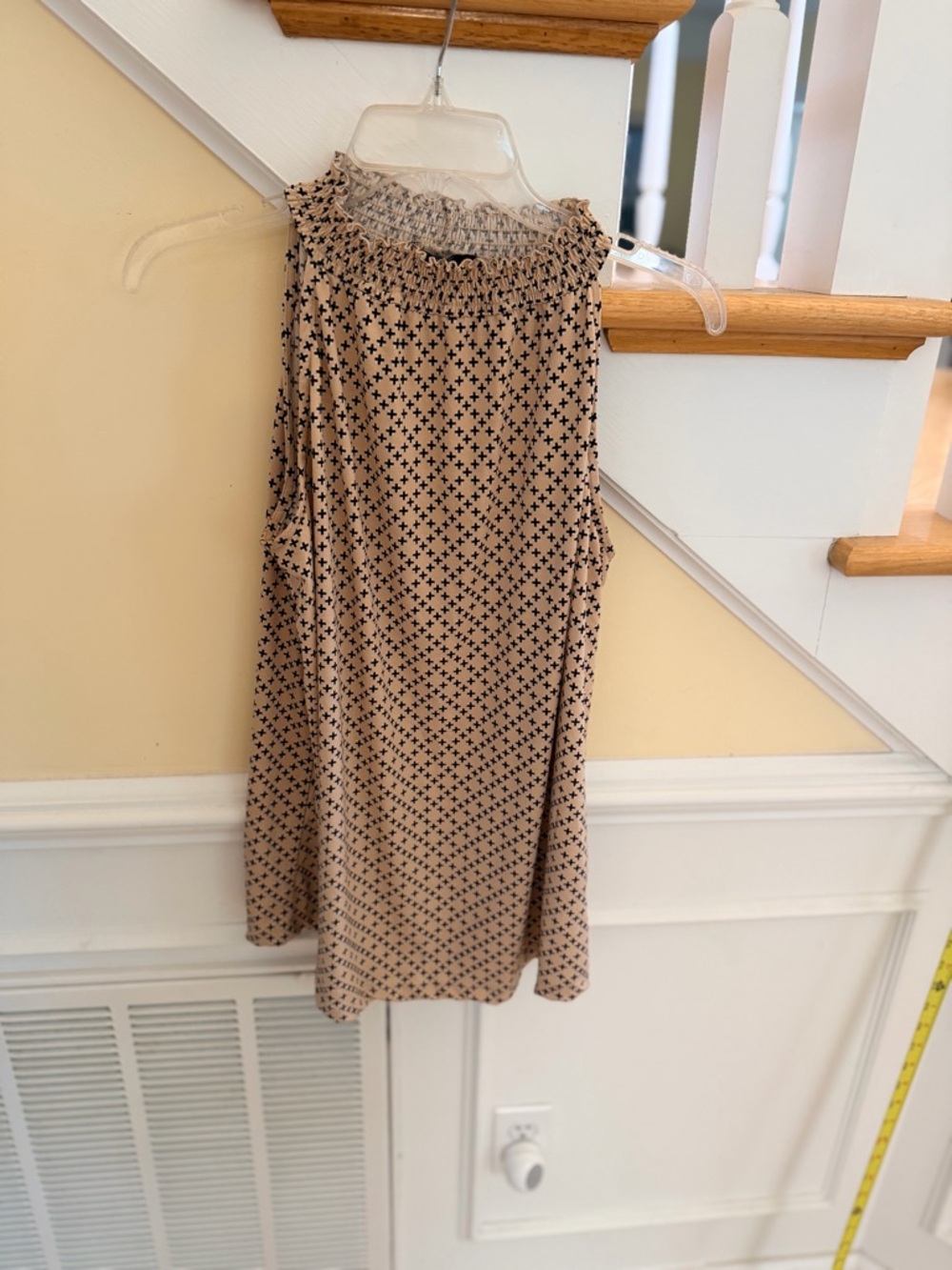 Ladies Size Large "Ashley Blue" Beige & Black Printed Smocked-Neck A-Line Skirt